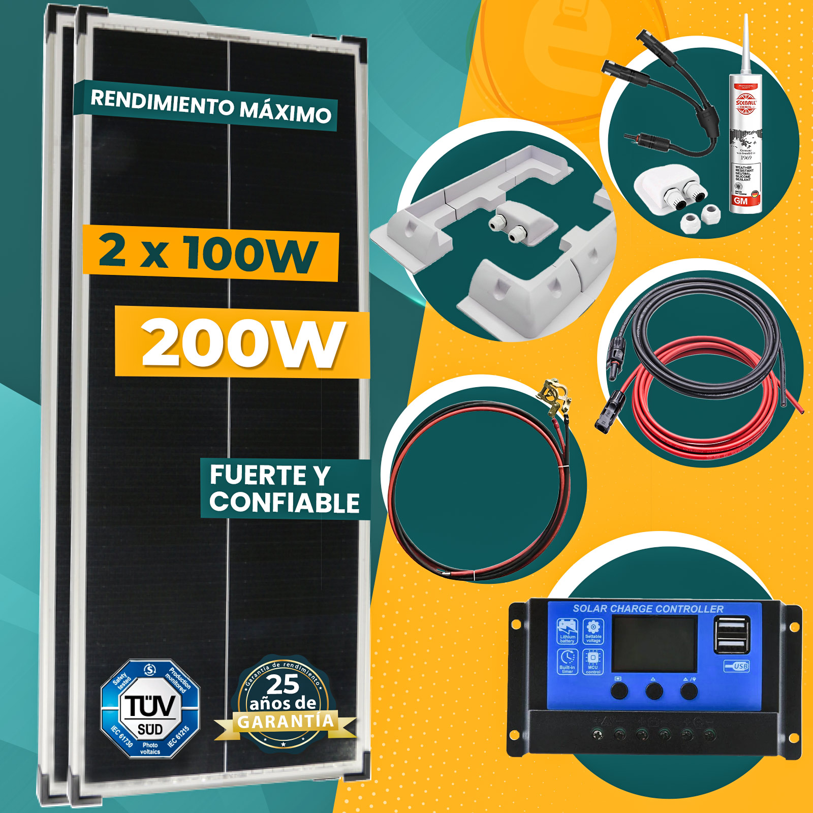 200W Kit Solar para autocaravanas, caravanas y barcos,Silver Frame - 46cm