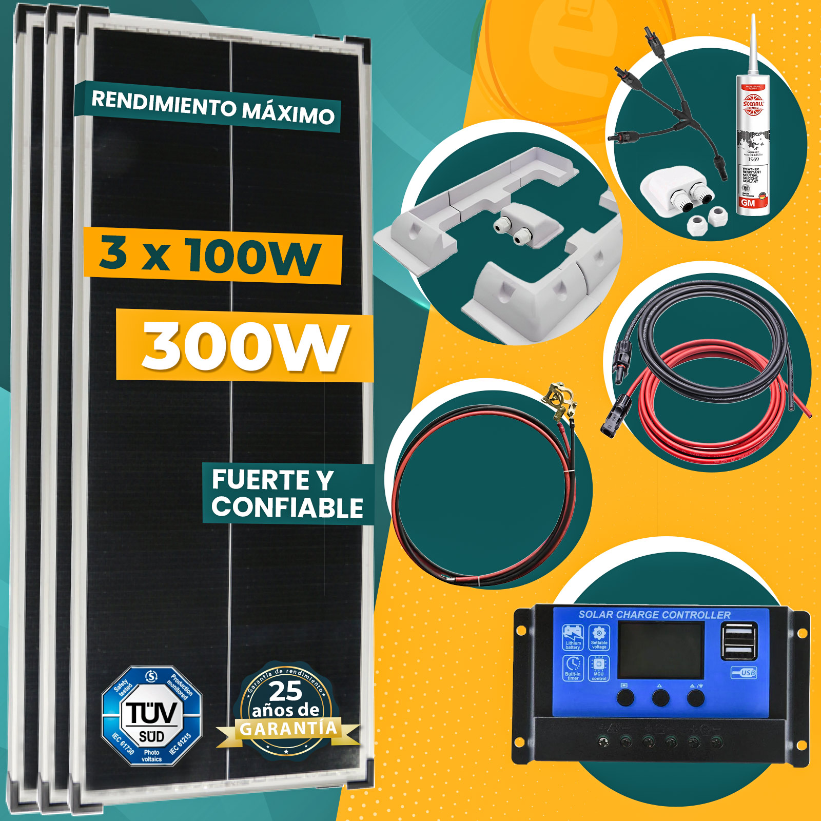 300W Kit Solar para autocaravanas, caravanas y barcos,Silver Frame - 46cm